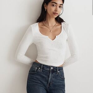 Madewell Women's White Split Neck Long Sleeve Cropped T Shirt Cotton Modal Large